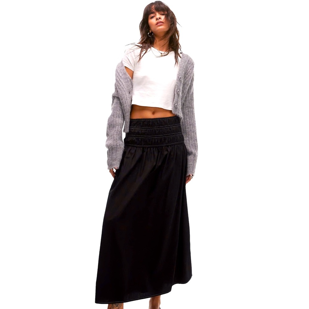 🆕NWT TOPSHOP smocked waist maxi skirt in black with white topstitching size 10